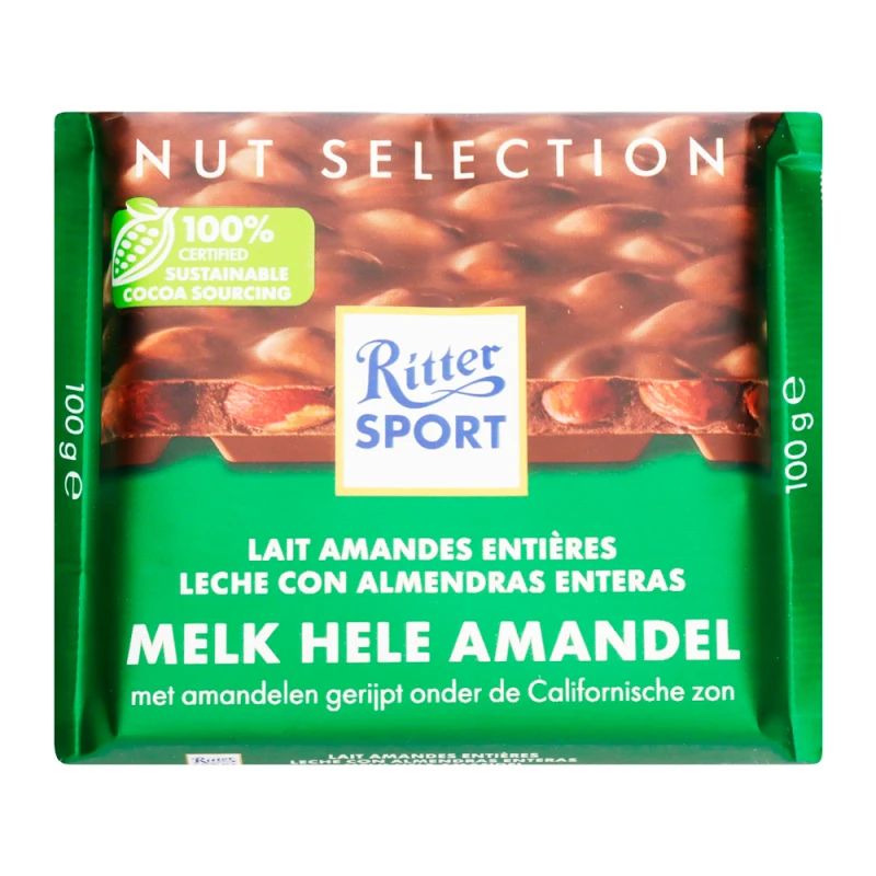 Barra Chocolate Ritter Sport Leite e Amêndoas Inteiras 100G