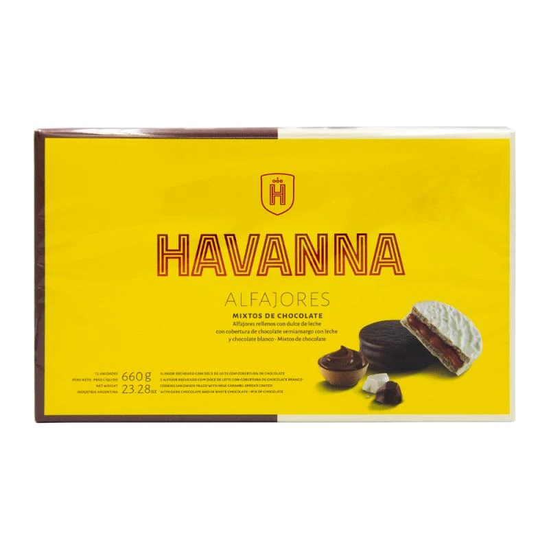 Alfajor Havanna Misto Cobertura Chocolate Branco e Chocolate Preto Com Recheio de Doce de Leite Caixa c/ 12X55G