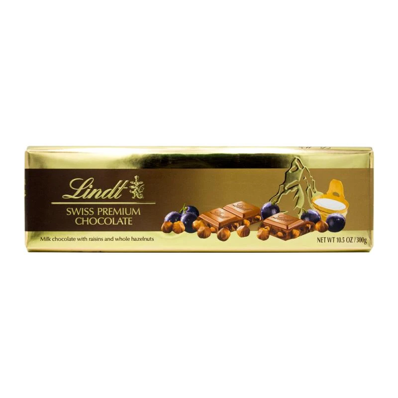 Barra Chocolate Lindt Gold Ao Leite Com Passas e Avelãs 300G