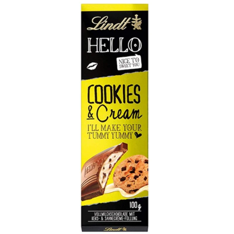 Barra de Chocolate Lindt Hello Ao Leite C/ Cookies e Creme 100G