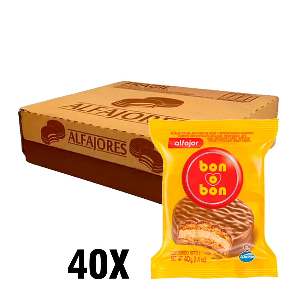 Alfajor Arcor Bon o Bon Chocolate Ao Leite recheio de creme de amendoim caixa c/ 40X40G
