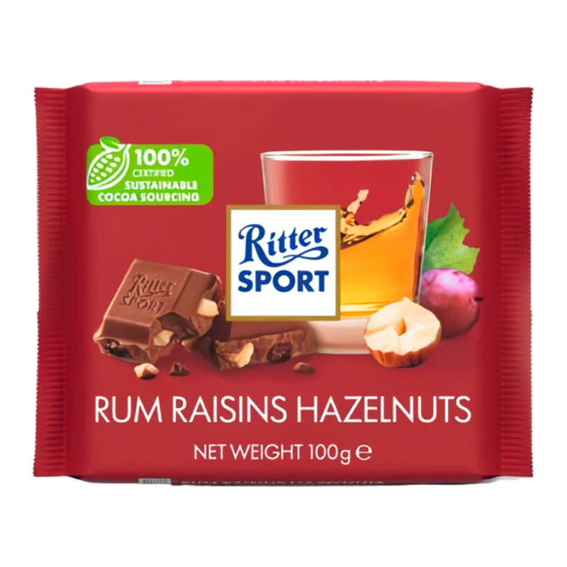 Barra Chocolate Ritter Sport Rom Passas e Avelã 100G