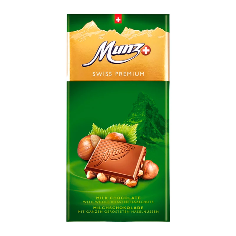 Barra de Chocolate Munz Swiss Premium Ao Leite e Avelã