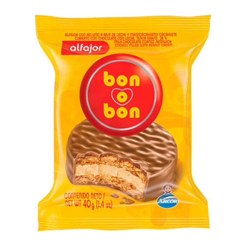 Alfajor Arcor Bon o Bon Recheio de creme de Amendoim Com Cobertura Chocolate Ao Leite 40G