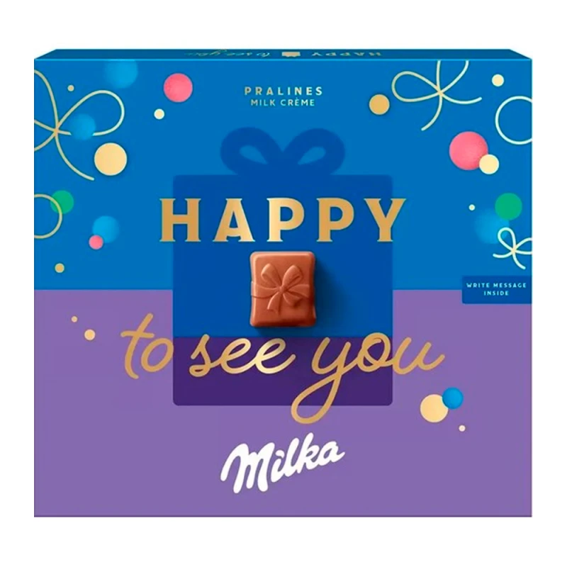 Caixa de Chocolate Milka Recheio Creme de Leite Happy To See You 110G