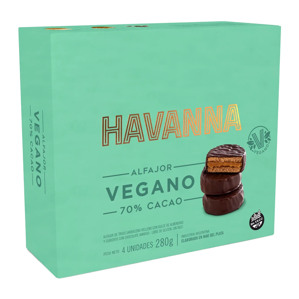 Alfajor Havanna Vegano Recheio Doce de  Amêndoas Cobertura Chocolate Cacau 70% Caixa c/ 4X70G