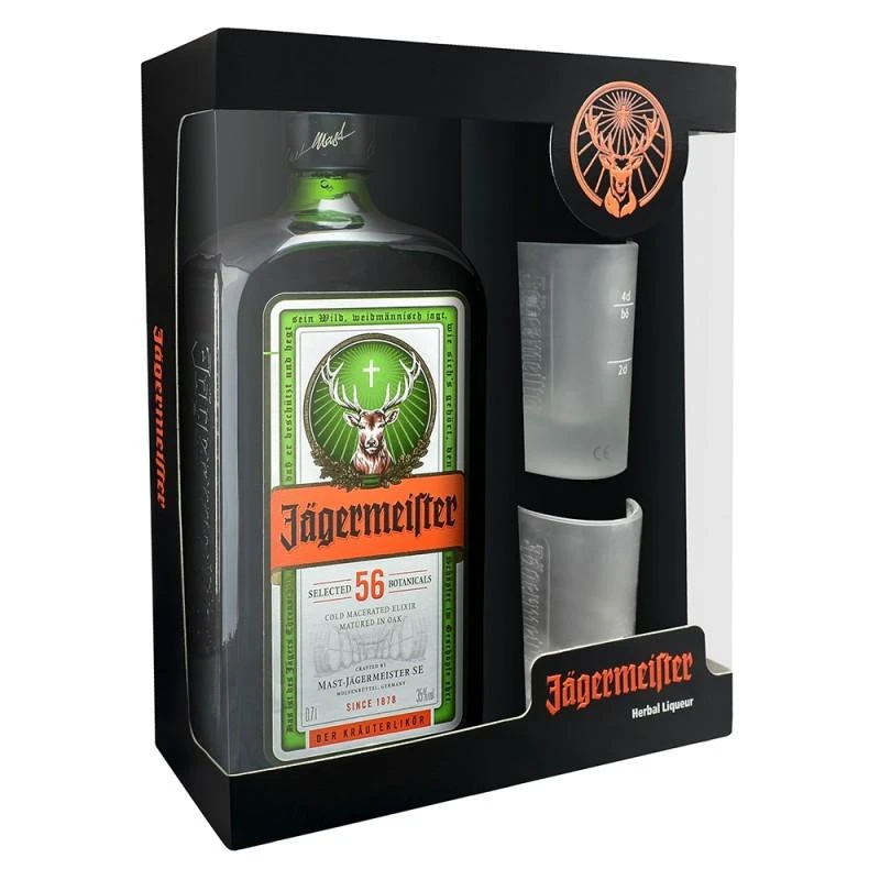 Licor Jagermeister Kit Com 1 Garrafa de 750Ml + 2 Copos Personalizados