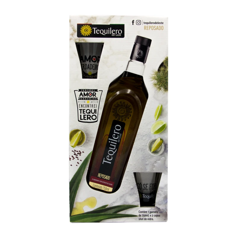 Kit Tequila Tequilero Del Leste Reposado 1 Garrafa 750Ml + 2 Copos Shot de Vidro