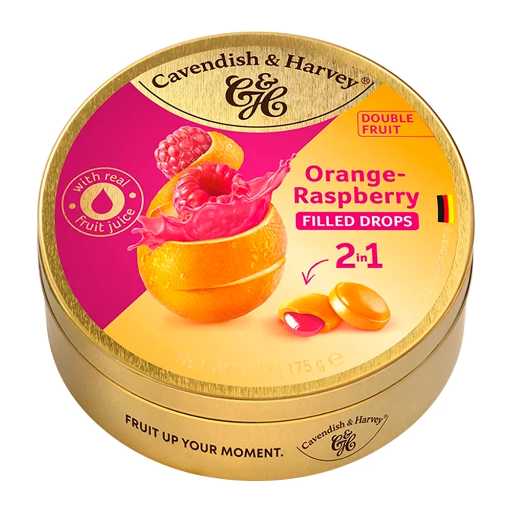 Bala Cavendish Laranja e Framboesa Recheio Lata 175G