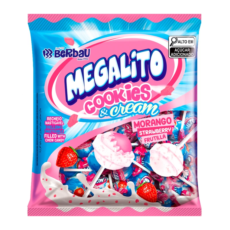 Pirulito Berbau Megalito Cookies e Morango Pacote 1Kg