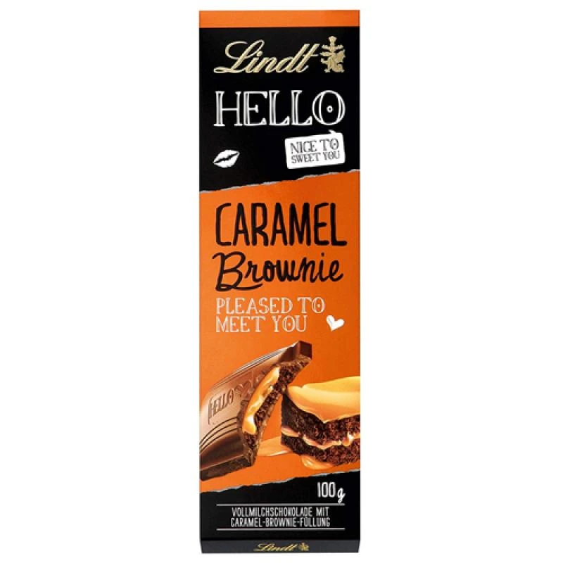 Barra de Chocolate Lindt Hello Ao Leite C/ Brownie de Caramelo 100G