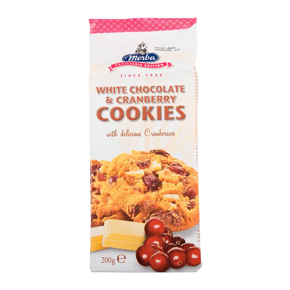 Biscoito Merba Cookies Chocolate Branco e Airela Pacote 200G