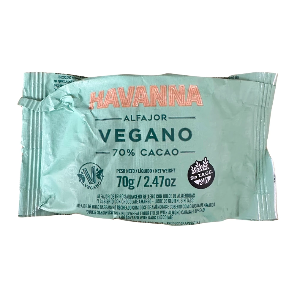 Alfajor Havanna Vegano Recheio Doce de Amêndoas Cobertura Chocolate Cacau 70% 70G