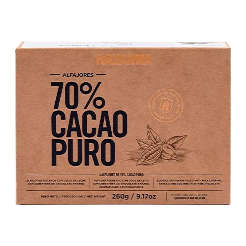 Alfajor Havanna Recheio Doce de Leite Cobertura Chocolate Amargo 70% Cacao Caixa c/ 4X65G