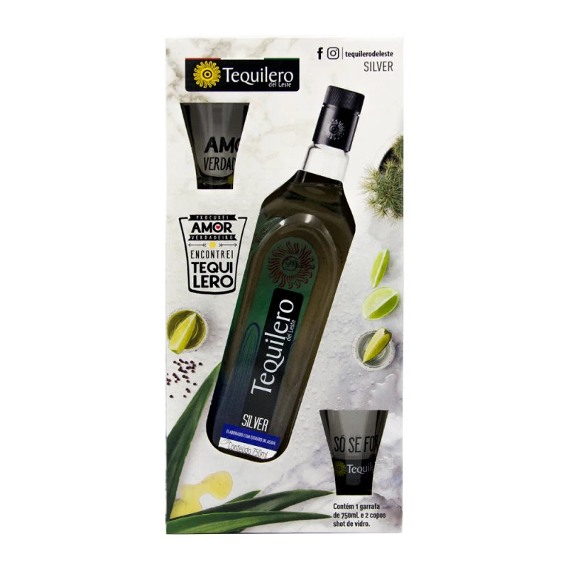 Kit Tequila Tequilero Del Leste Silver 1 Garrafa 750Ml + 2 Copos Shot de Vidro