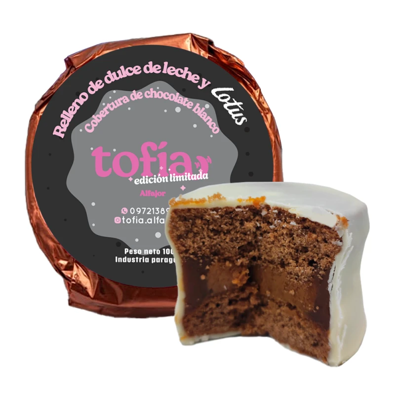 Alfajor Tofia Artesanal Branco Recheio de Pasta Lotus e Doce de Leite 100g