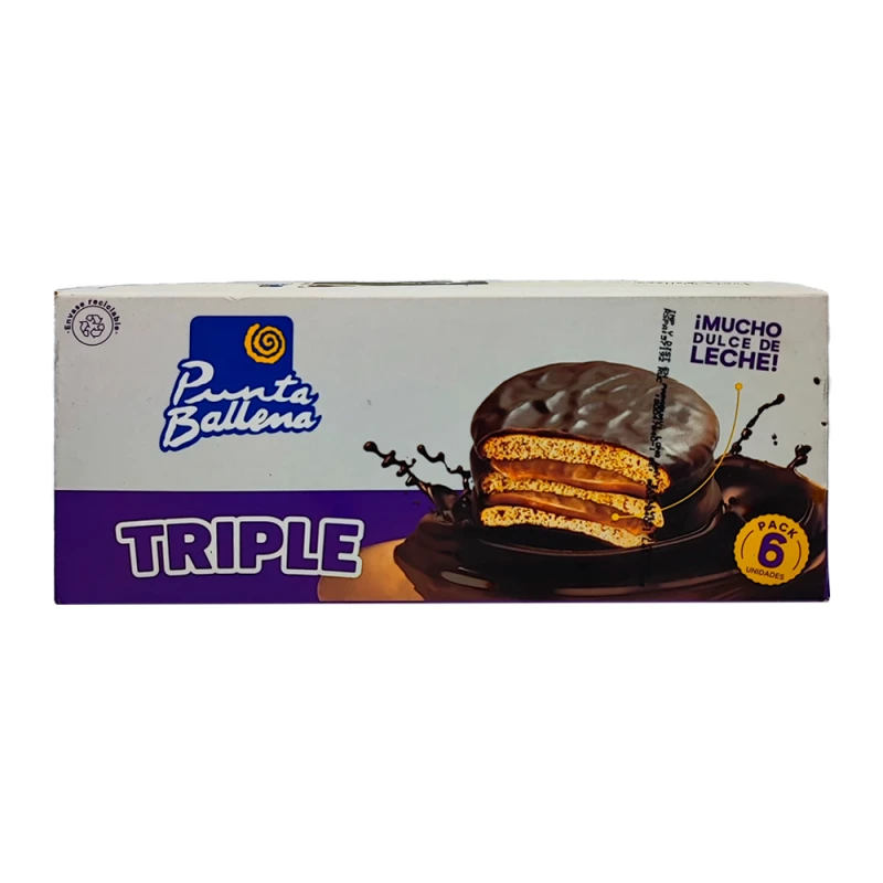 Alfajor Punta Ballena Triple Recheio Doce de Leite Cobertura Chocolate Ao Leite 6X65G