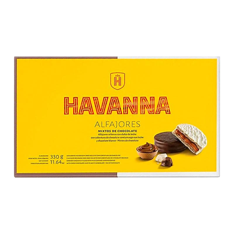 Alfajor Havanna Misto Chocolate Branco e Chocolate Preto com recheio doce de leite caixa c/ 6x55g