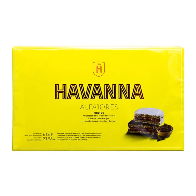 Alfajor Havanna Misto Cobertura de Chocolate Preto e Cobertura de Merengue Branco Com Recheio Doce de Leite Caixa c/ 12X55G