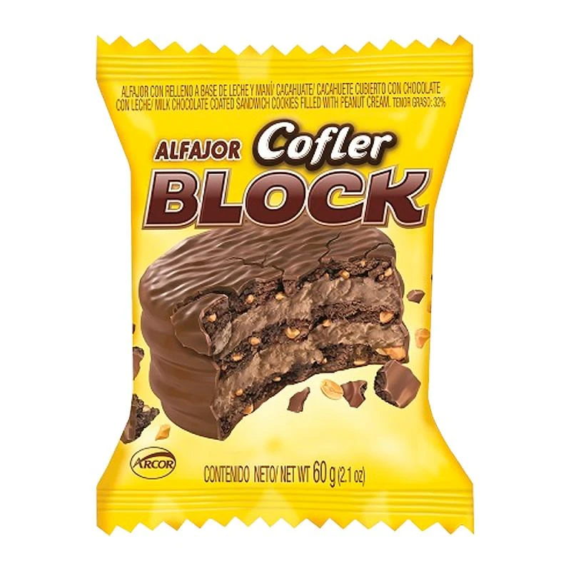 Alfajor Arcor Cofler Block Com Recheio de Amendoim Cobertura de Chocolate Ao Leite 60G