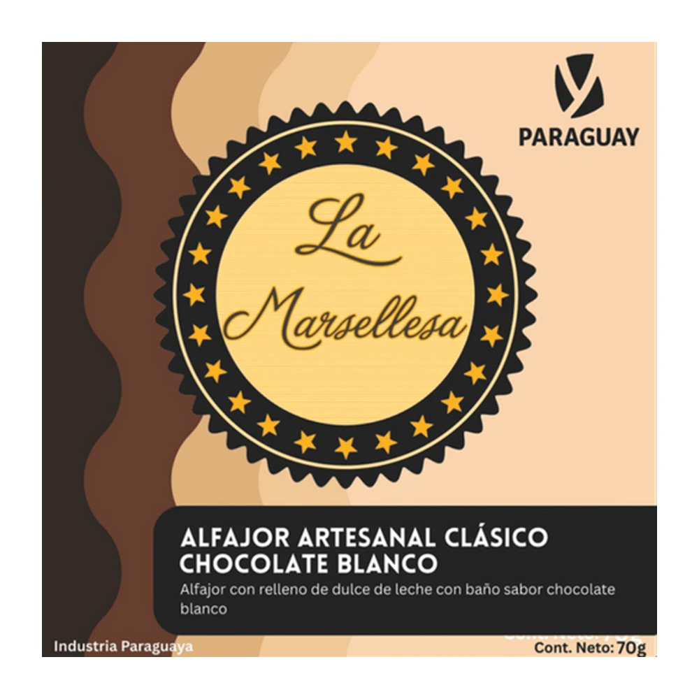 Alfajor Artesanal Py La Marsellesa Clasico Recheio Doce de Leite Cobertura Chocolate Branco 70G