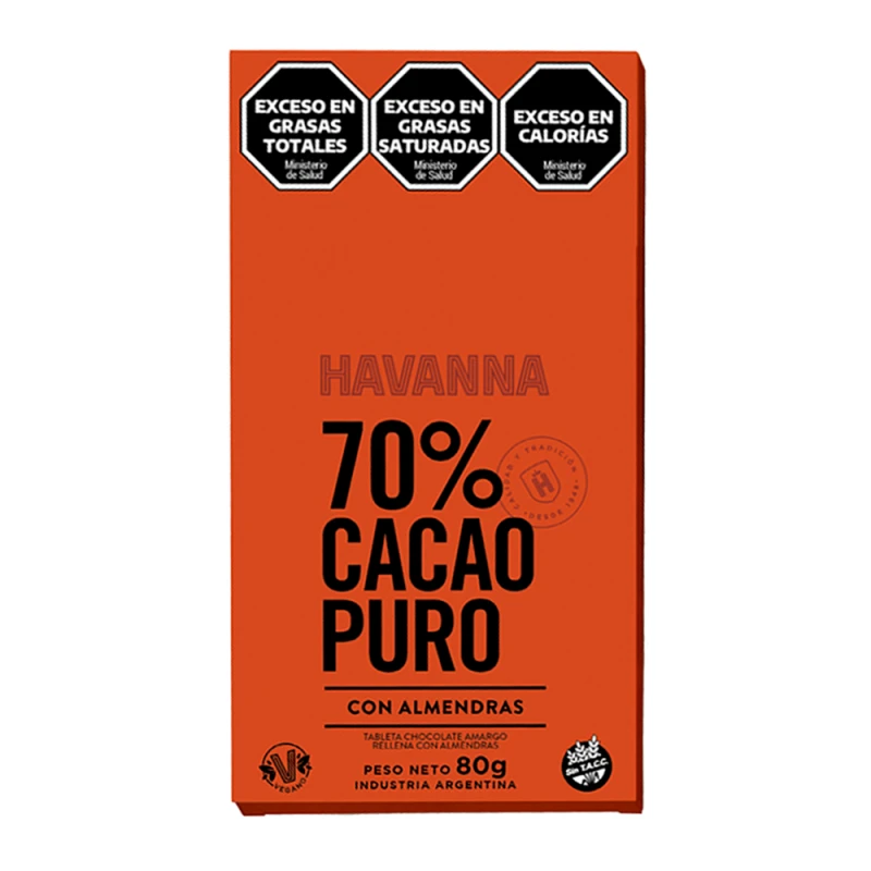 Barra Chocolate Havanna 70% Cacau Com Amêndoas 80G