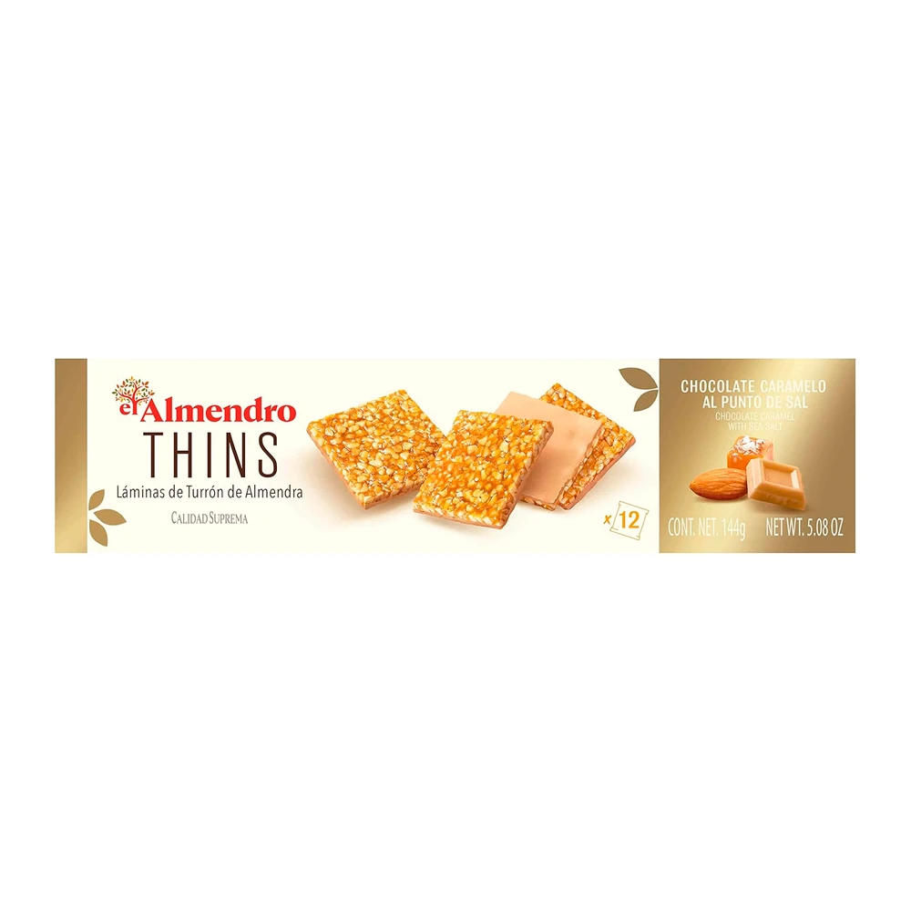 Lamina de Torrone Crocante El Almendro Thins Chocolate e Caramelo Salgado Caixa 144G
