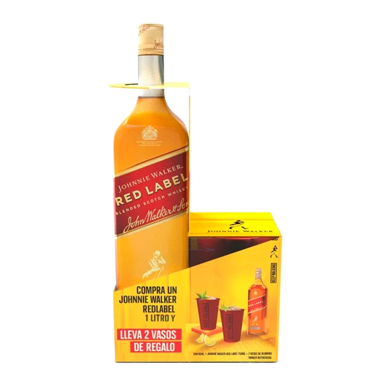 Kit de Whisky Johnnie Walker Red Label Garrafa 1Lt + 2 Copos Personalizados