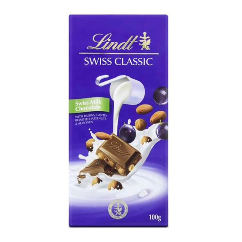 Barra Chocolate Lindt Classica Ao Leite C/ Passas e Amendoas 100G