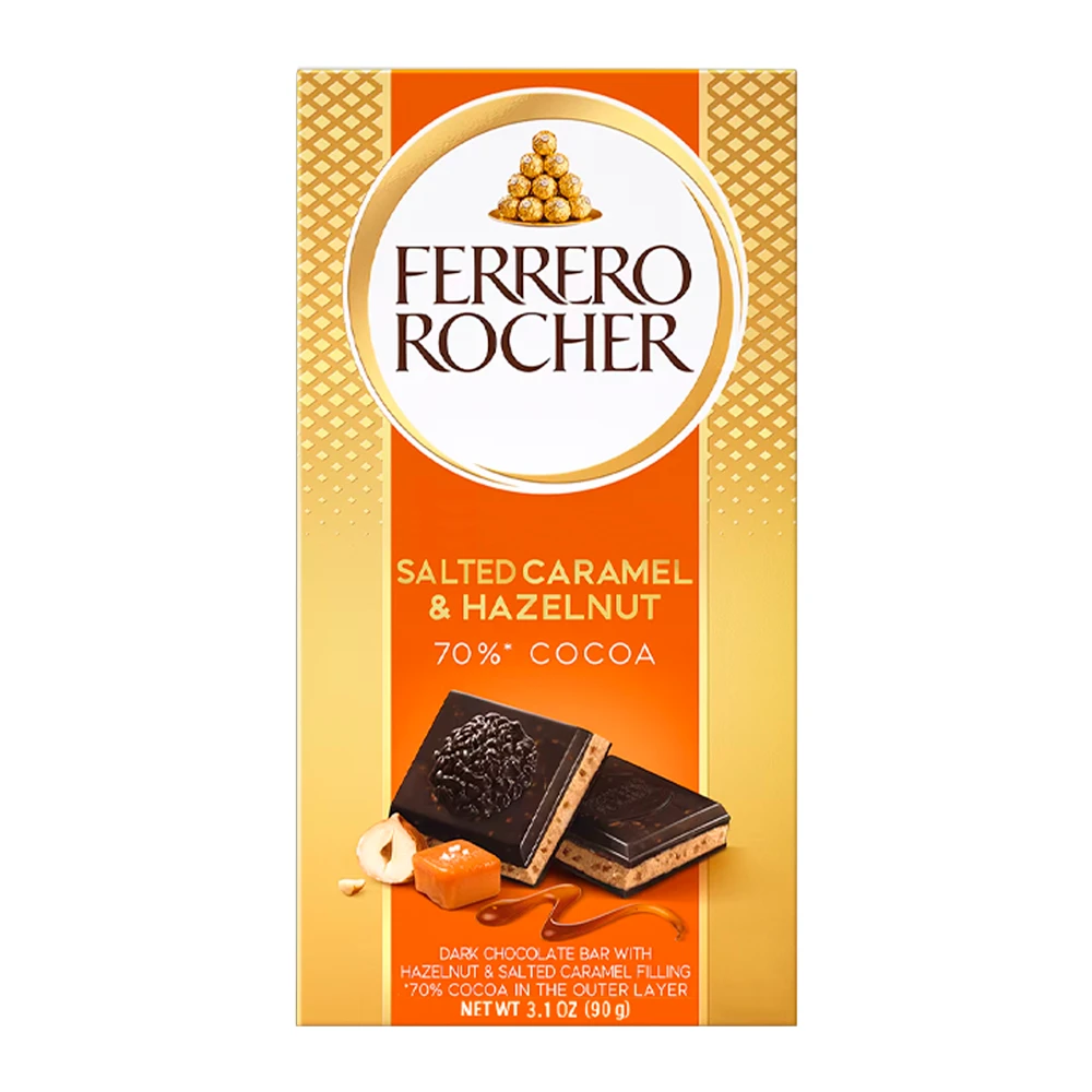 Barra Chocolate Ferrero Rocher 70% Caramelo Salgado e Avelã 3.1Oz 90G