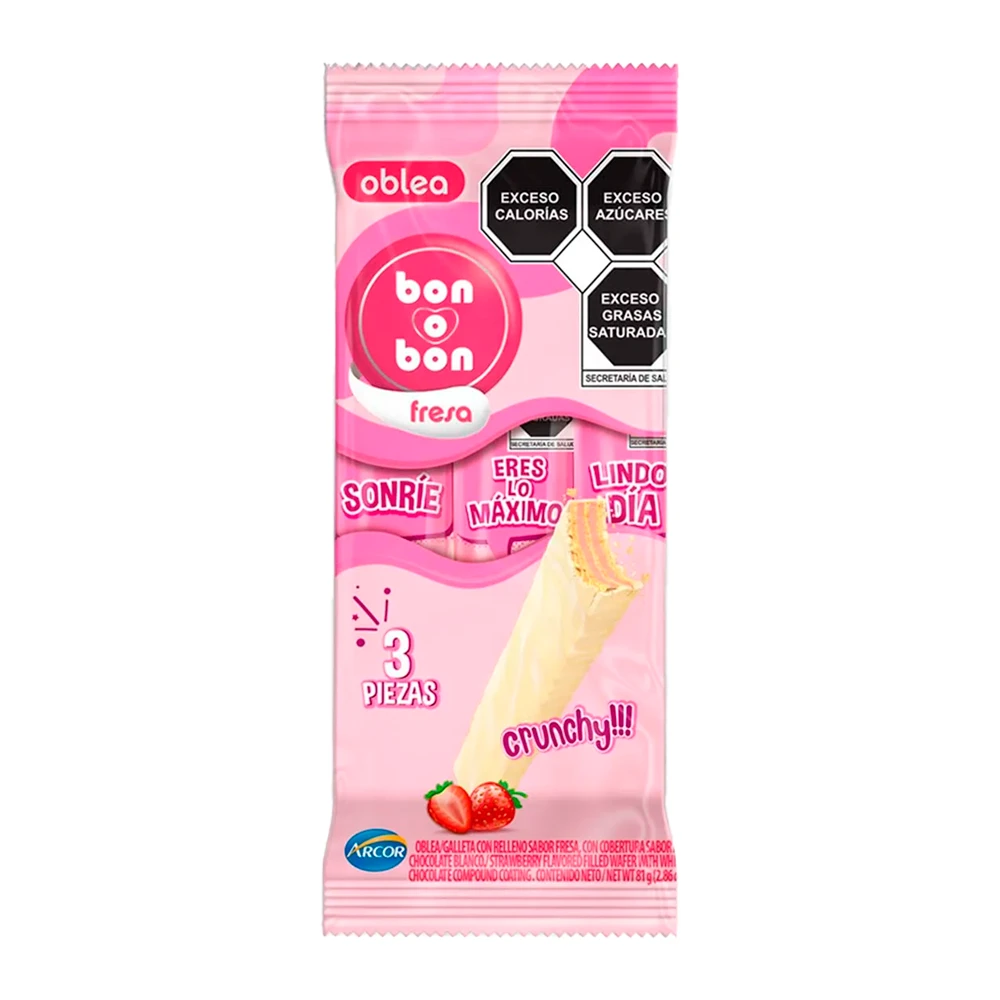 Wafer Arcor Bon o Bon Morango Crunchy Cobertura Chocolate Branco Pacote 81G