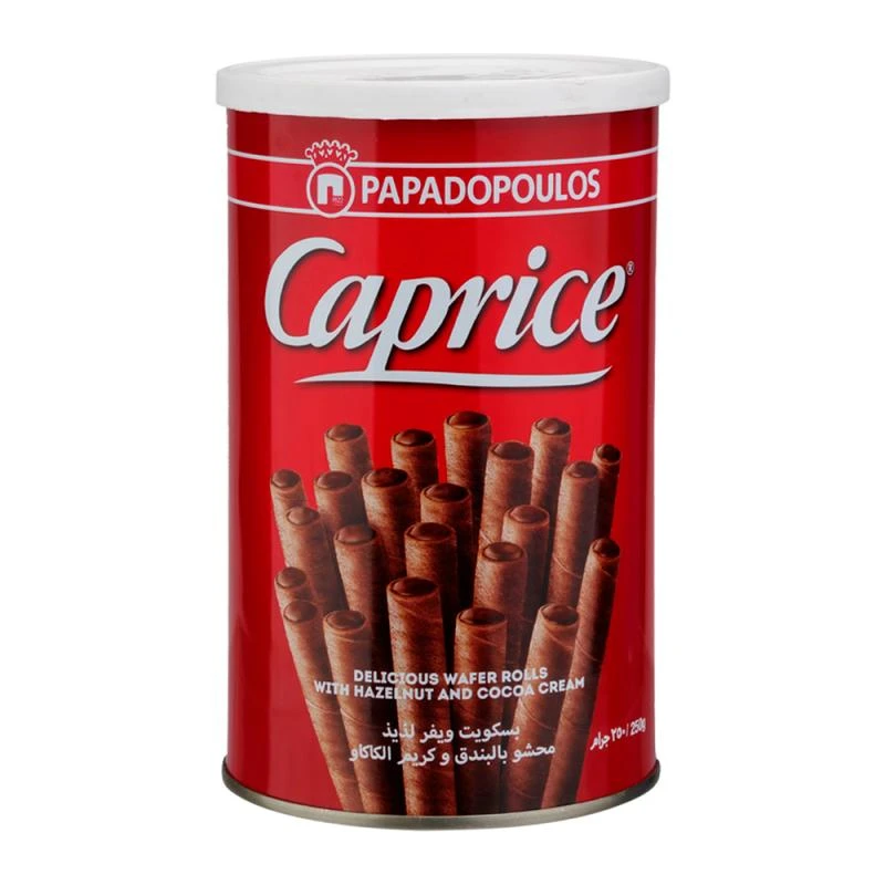 Canudos de Wafer Crocante Caprice Recheio Creme de Avelãs Lata 250G