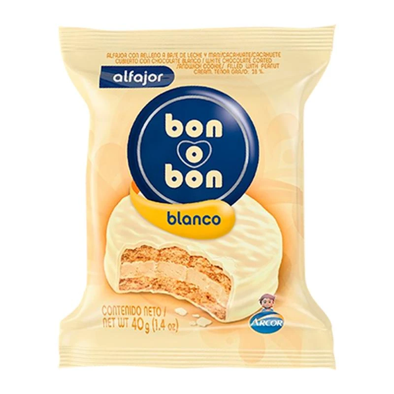 Alfajor Arcor Bon o Bon Recheio de creme de Amendoim Com Cobertura Chocolate Branco 40G