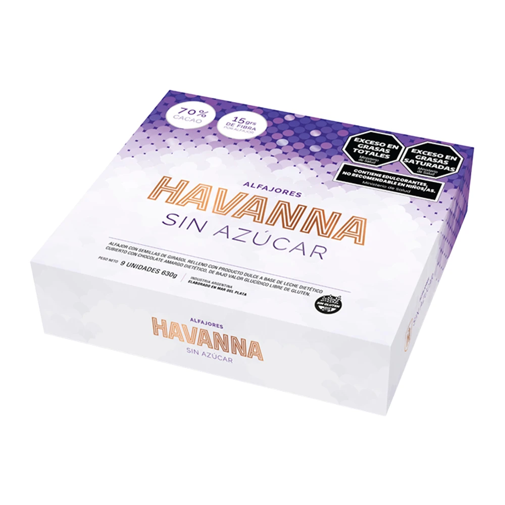 Alfajor Havanna Sem Açúcar Recheio Doce de Leite Cobertura Chocolate Amargo Caixa c/ 9X70G