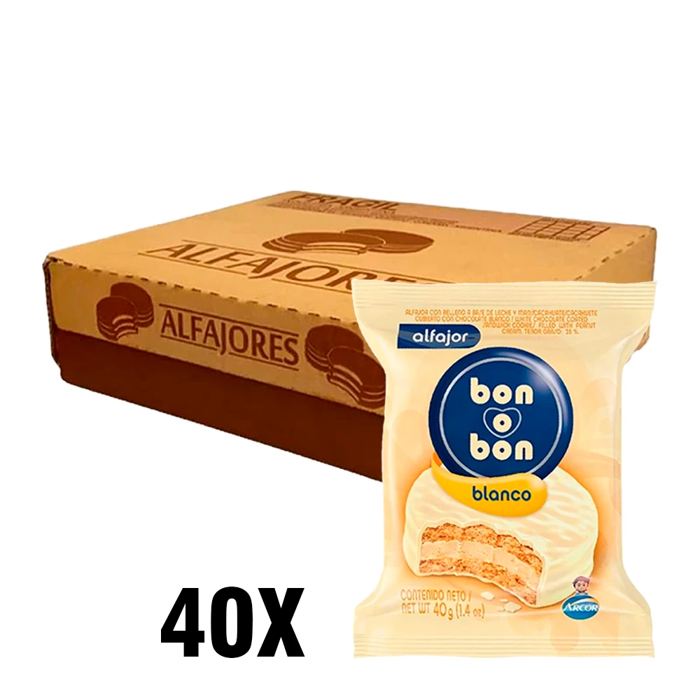 Alfajor Arcor Bon o Bon Recheio de creme de Amendoim Com Cobertura Chocolate Branco cx c/ 40x40G