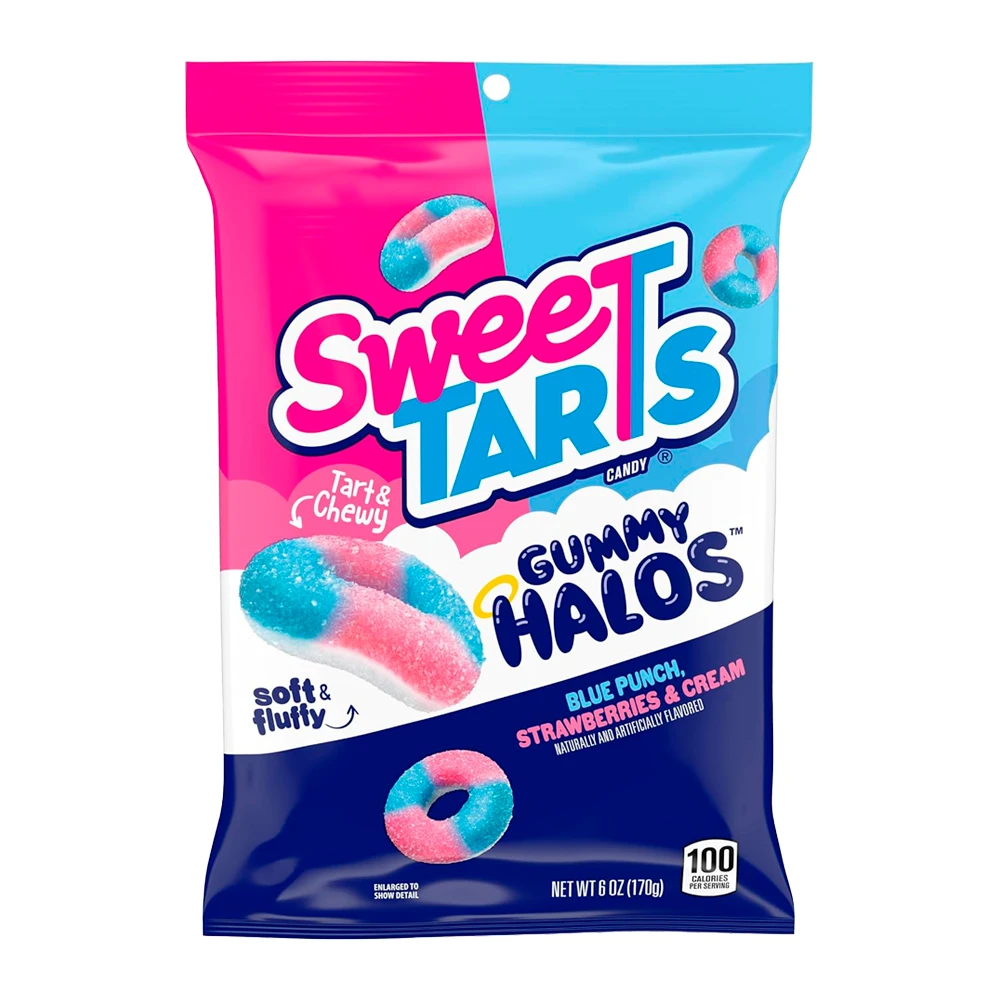 Bala de Gelatina Sweet Tarts Gummy Halos Blue Punch Strawberries Cream Pacote 6Oz 170G